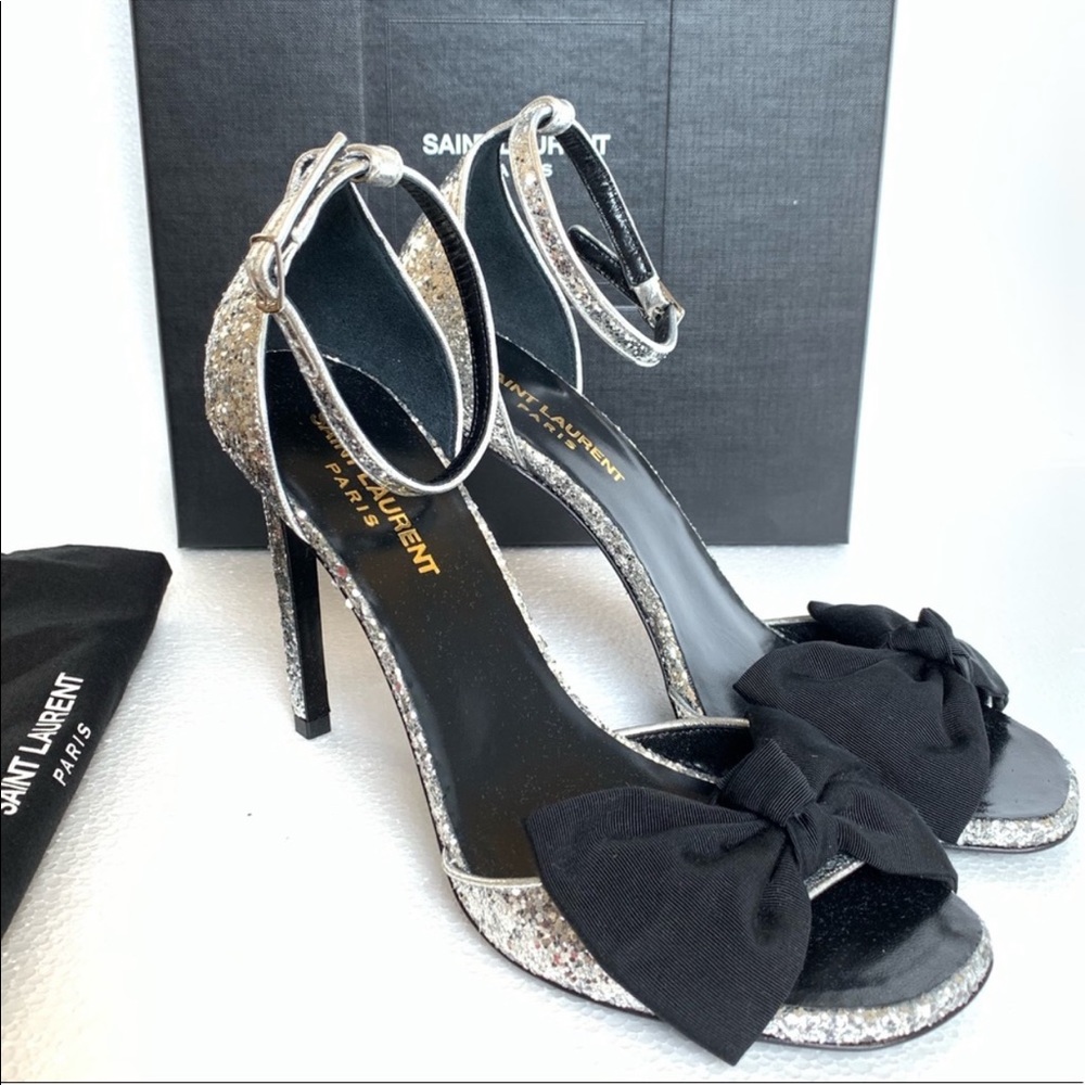 Saint Laurent Silver Glitter Heels with Bow Detail - Picture 7 of 8